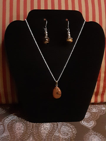 NOOK & CANDLE Jewelry Boutique Silver Plated link chain with Platinum Bead Clasp and Genuine Gemstone Pendant with Earrings Tiger's Eye