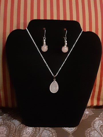 NOOK & CANDLE Jewelry Boutique Silver Plated link chain with Platinum Bead Clasp and Genuine Gemstone Pendant with Earrings Rose Quartz