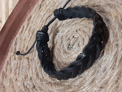 NOOK & CANDLE Jewelry Boutique Black leather Strap braided Bracelet with rope tie closure