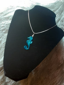 NOOK & CANDLE Jewelry Boutique Sea Horse Resin Pendant with Sterling Silver Snake Chain 18inches blue