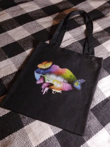 Nook and Candle Outerwear Black tote bag rainbow lip and butterfly