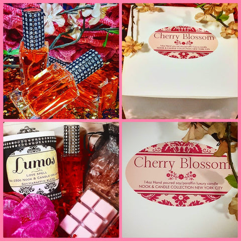 NOOK & CANDLE Gift box 5pc set Lumos Love Spell 9oz Wooden wick Luxury Candle, Flowers Bloom 6.3oz bottle perfume with Diamond lid, Cherry pie bath salt, Nook & Candle Unicorn melts, and puff ball