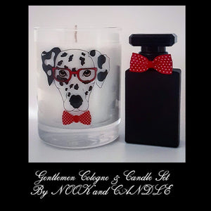 NOOK & CANDLE RED DALMATIAN Gentlemen Candles and Cologne Set 1oz Tom Ford Noir, Candle Vetiver 11.24oz jar