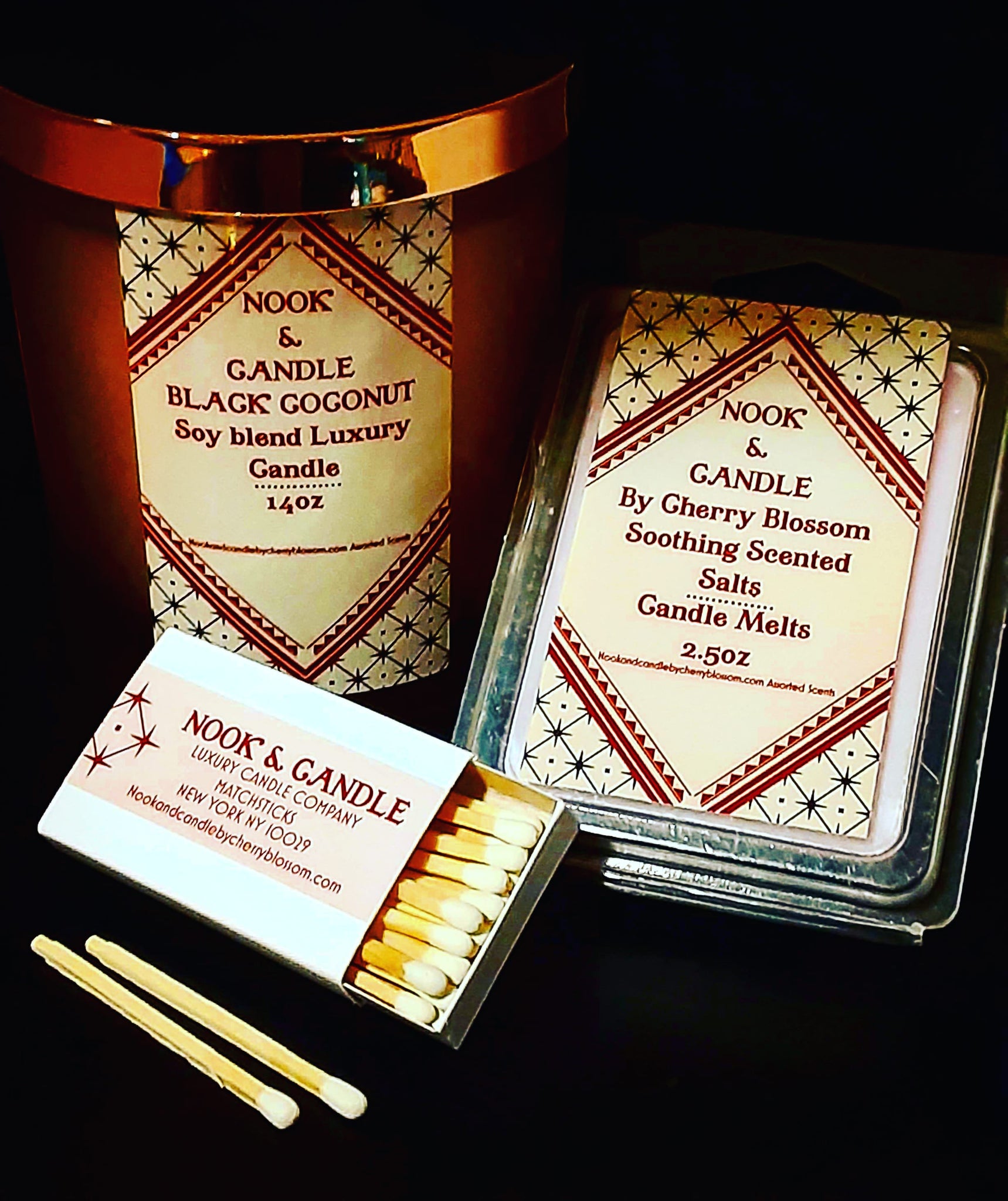 NOOK & CANDLE set Black Coconut Wooden wick Candle, Assorted Candle melt, boxed matchsticks