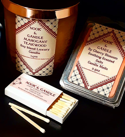 NOOK & CANDLE set Mahogany  Teakwood Wooden wick 14oz Candle with lid, Assorted Candle melt, boxed matchsticks