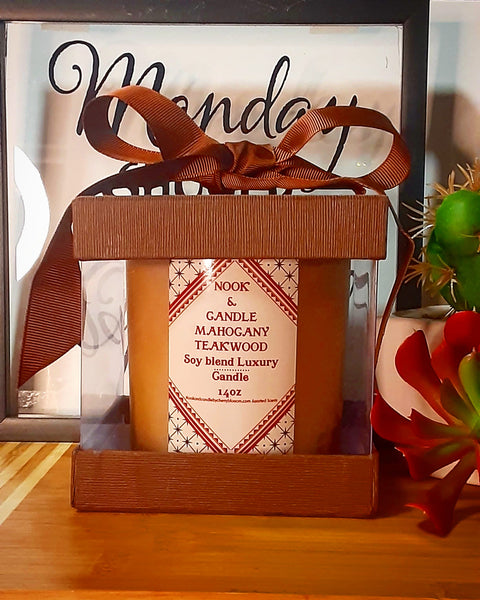 NOOK & CANDLE Mahogany Teakwood Wooden wick Candle 14oz jar with lid and gift box