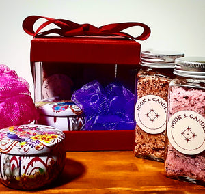 NOOK & CANDLE Gift Box Scented Cotton wick Candle, Pink Himalayan sea Salt, Pink Sugar scrub and bath puff with gift Box