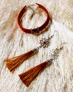 NOOK & CANDLE Jewelry Boutique Tan Leather Strap Slide on charm Bracelet with lobster Clasp closure, flower tassel Earrings tan.