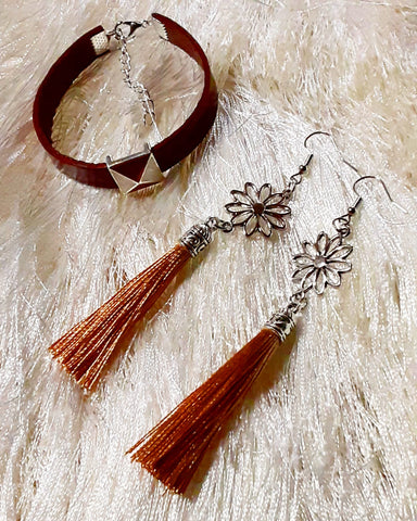 NOOK & CANDLE Jewelry Boutique  Chocolate Brown Leather Strap Slide on charm Bracelet with lobster Clasp closure, flower tassel Earrings Chocolate Brown,