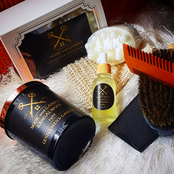 NOOK & CANDLE Gentlemen's Grooming 6pc Kit, Gentlemen's Candle 14oz jar fragrance Sandalwood with notes of Amber, Goat's milk soap and Bohemian style bag, beard oil Sandalwood and Cedar, beard brush and Comb set