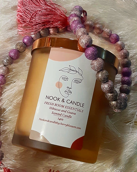 NOOK & CANDLE Luxury Candle Co. Fragrance Hibiscus and Guava Scented Candle 14oz with Rose Gold lid