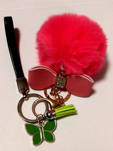 Keychain puff and Butterfly charm hot pink