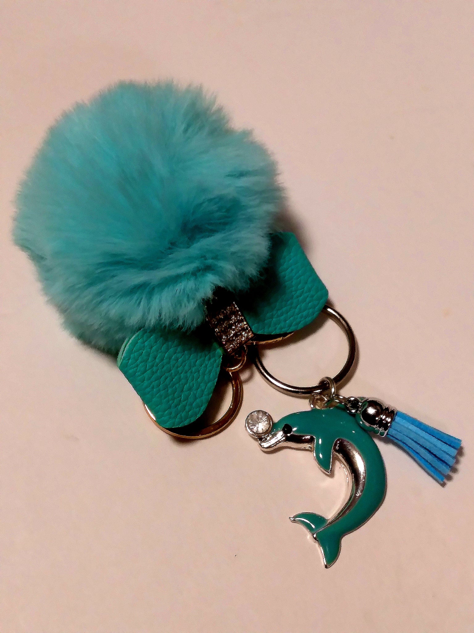 Keychain Dolphin charm and puff sky blue