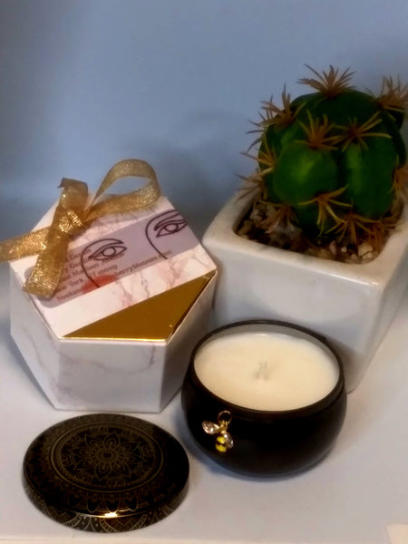 Nook and Candle French Lavender + Honey 2.5oz Black and Gold tin with Bumble Bee Charm soy candle